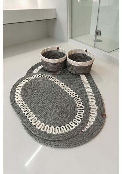El Yapımı Dekoratif Örgülü Model Banyo Seti 2 Li Paspas 50x80 Ve 40x60 + 2 Organizer Sepet 18x18 Cm Gri