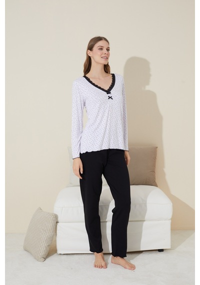 Siyah İnci Pamuklu Örme Pijama Takım 24240122 Beyaz