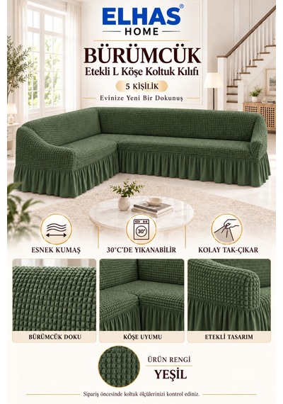 Bürümcük Kumaş 5 Kişilik Etekli L Köşe Koltuk Kılıfı Yeşil - 934819522 Yeşil
