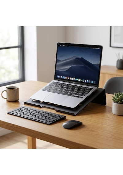 Metal Laptop Standı, Siyah Dizüstü Bilgisayar Yükseltici Stand, 38x26 Cm Havalandırma Delikli Ergonomik Açılı Notebook Standı, Özel Boyalı Masaüstü Laptop Yükseltici