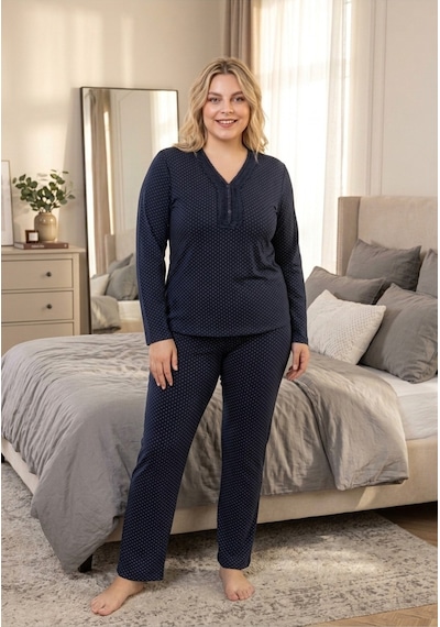 Eyfuze Kadın Büyük Beden Desenli Yakası Düğmeli Uzun Kollu Bambu Pijama Takımı Mavi