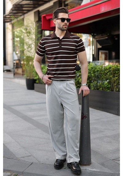 Madmext Acı Kahverengi Çizgili Polo Yaka Triko Erkek T-shirt E7405