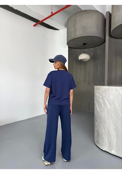 Buğrahayalin Osy Modal Yumuşak Dokulu Kumaş Kısa Kollu Bluz Rahat Pantalon Ikili Takım- Lacivert
