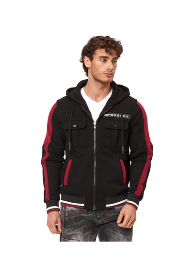 Cipo & Baxx Erkek Kapüşonlu Fermuarlı Şerit Detaylı Cepli Sweatshirt Ceket Cl586 Siyah