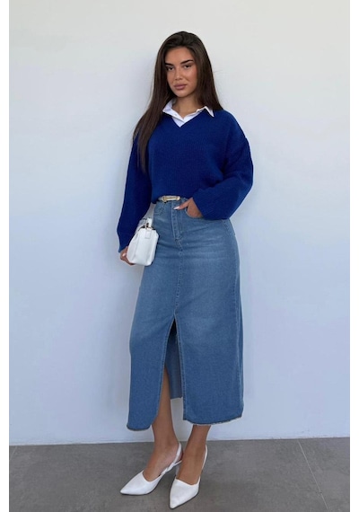 Madmext Saks V Yaka Triko Kadın Kazak Mg2501 Saks