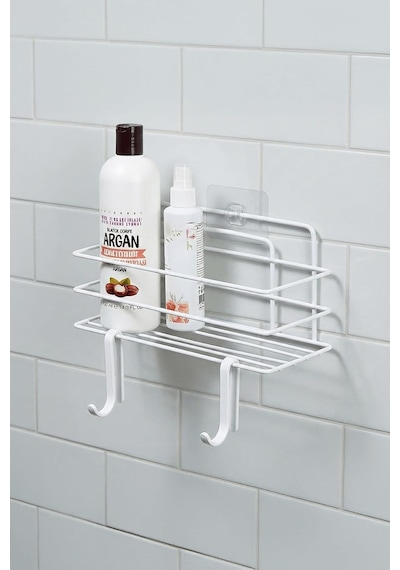 Tekli Beyaz Yapışkanlı Banyo Rafı + 2'li Askı Kanca Seti Metal Duş Şampuanlık Diğer