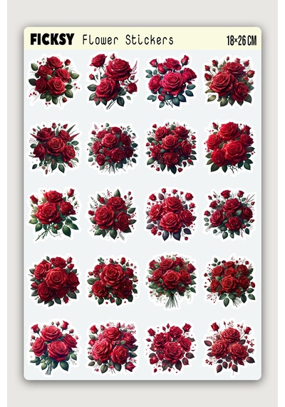 Kırmızı Gül Çiçek Sticker Seti - 20 Adet Etiket Çıkartma Diğer
