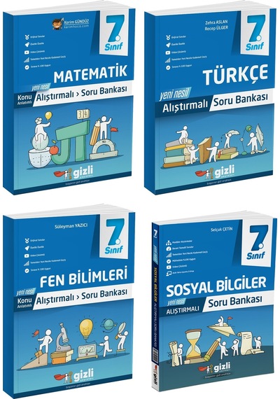 Gizli 2025 7. Sınıf Matematik + Türkçe + Fen + Sosyal Alıştırmalı Soru Bankası Seti 4 Kitap
