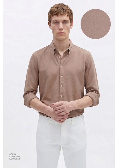 AC&Co / Altınyıldız Classics Erkek Vızon Pamuklu Tailored Slim Fit Dar Kesim Düğmeli Yaka Örme Gömlek Vizon