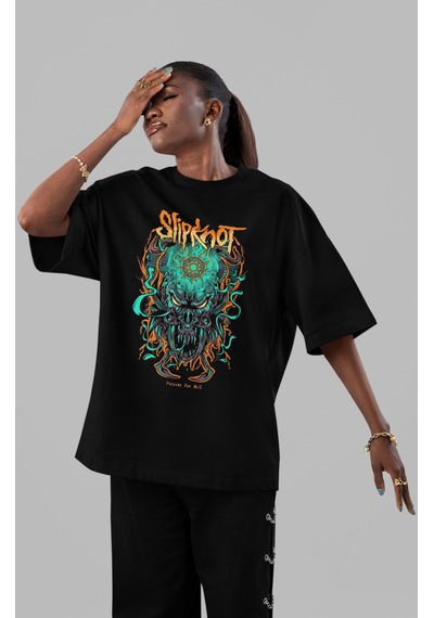 Slipknot Rock Metal Müzik Grubu Ön Baskılı Unisex Oversize Tişört Siyah