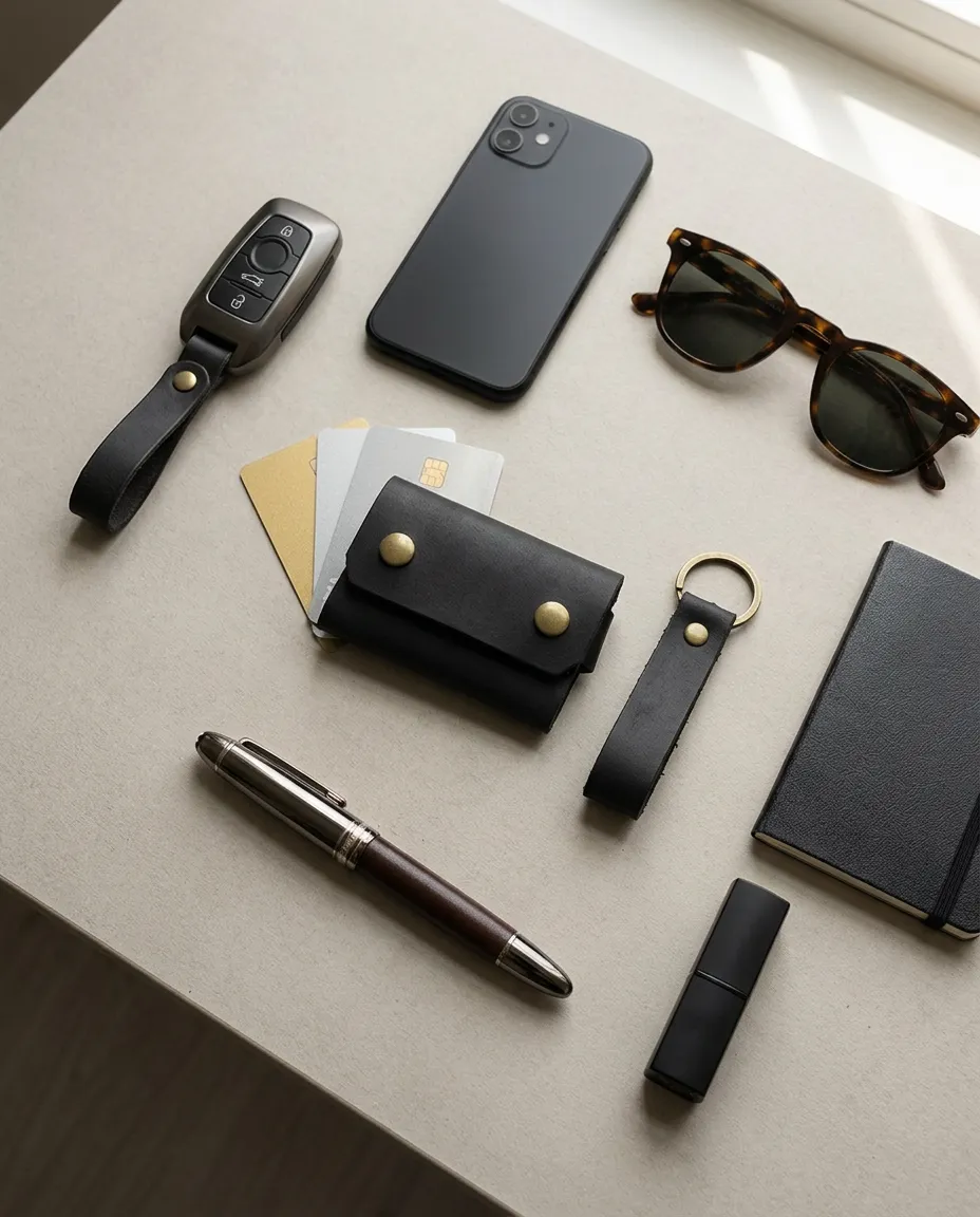 Natderi %100 Hakiki Deri El Yapımı Mini Kartlık Ve Anahtarlık Seti - Minimalist Unisex Cüzdan 6x9 Cm siyah