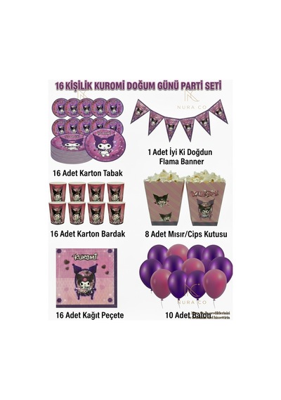 Kuromi 16 Kişilik Doğum Günü Parti Seti Tabak Bardak Peçete Balon Flama Mısır Kutusu Mor Pembe