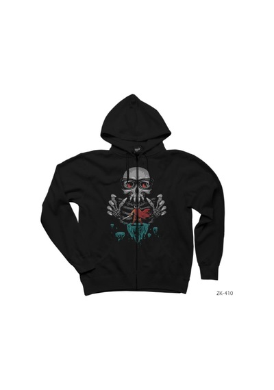 8bit Skull Siyah Fermuarlı Kapşonlu Sweatshirt