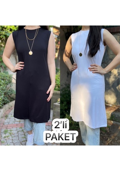 Kadın Sıfır Kol Penye Uzun Tunik İçlik Siyah Beyaz 2 Adet 001