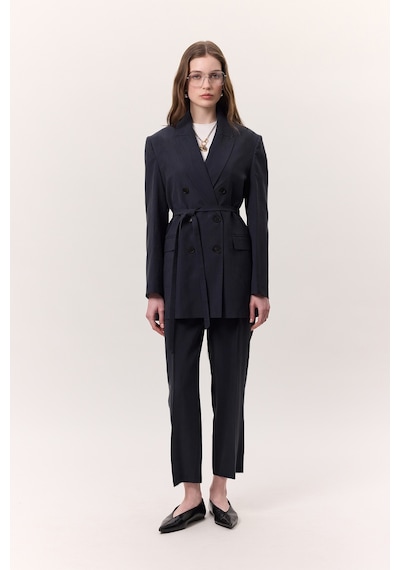 Manuka Tencel Kemerli Kruvaze Blazer Ceket İndigo Indigo