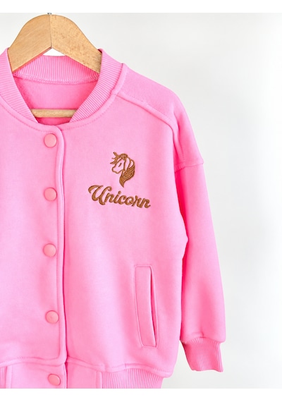 Elzo Collection Kız Çocuk Unicorn Nakış İşlemeli Pembe Kolej Ceket Eşofman Alt Üst Takım