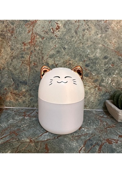 Led Işıklı Hava Nemlendiricisi Kedi Tasarımlı Buhar Makinesi - Beyaz Gözleri Kısık
