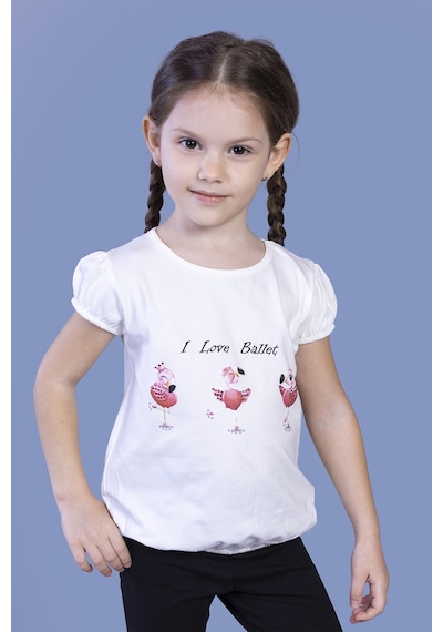 Toontoy Kids Toontoy Kız Çocuk Lastikli Büzgü Detaylı Baskılı Tişört Ekru