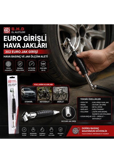 Euro Jack Lastik Hava Basınç Ölçüm Aleti Oto - Bisiklet - Motorsiklet - Bot