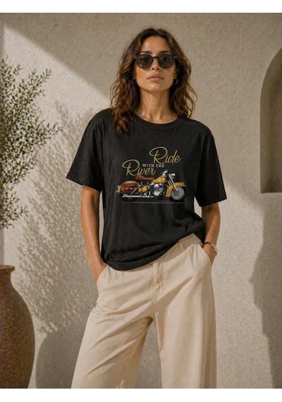 Defymoda Motosiklet Baskılı Tişört Bisiklet Yaka Kısa Kol Yazlık T-shirt - Siyah