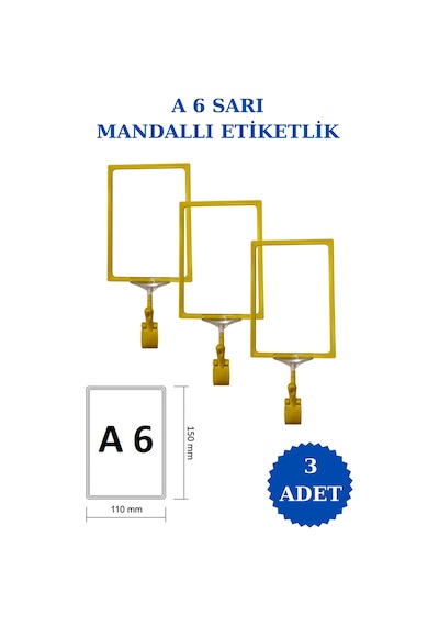 3 Adet Sarı A6 Mandallı Raf Sepet Etiketi Çerçeveli Etiketlik Sarı