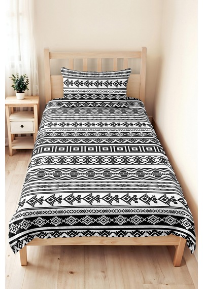 Siyah Geometrik Etnik Genç Odası Tek Kişilik Pike Takımı - Modern 160x220 Cm Kapitone Yatak Örtüsü Kumlu Anı Perdesi