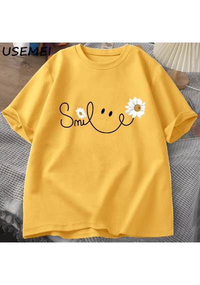 Flood Of Style Papatya Gülümseme Yüz T Shirt Yaz Çiçek Baskılı Tişört Kadın Erkek Pamuk Kısa Kollu Tshirt Bo Sarı