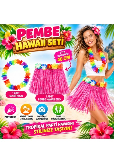 Ren.ga.renk Hawaii Luau Aloha Pembe Püsküllü 40 Cm Etek Ve Hawaii Kolye Seti Rengaren Diğer