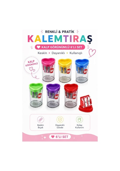 İkili Kalemtraş 6 Adet Redapple 3016 Kalpli Hazneli Çift Bıçaklı Kalem Açacağı Plastik Kalemtıraş Kalem Traş Okul Sınıf