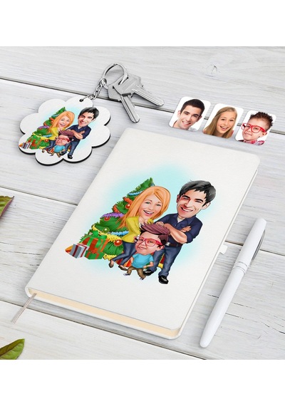 Kişiye Özel Yıl Aile Karikatürlü Beyaz Defter Kalem ve Anaht N11.2032 Beyaz