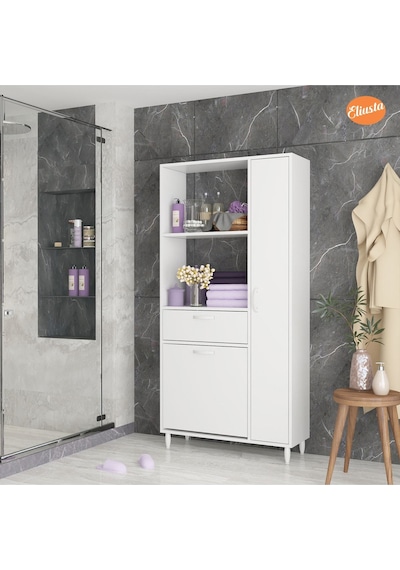 Sepetli Ve Kapaklı Dolaplı Banyo Dolabı Beyaz