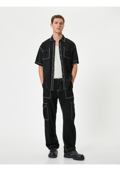 Koton Oversize Kargo Pantolon Renk Kontrastlı Bol Düz Paça Siyah 4sam40214nd Siyah