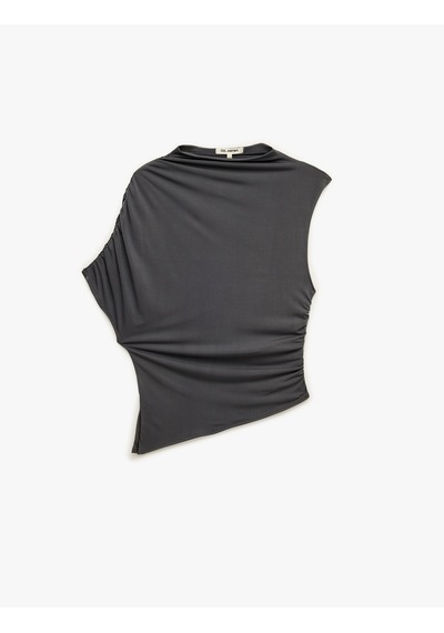 Koton Drapeli Slim Fit Kısa Kollu Dik Yaka Asimetrik Bluz Antrasit 7wal60014ık
