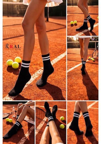 Kral Socks Erkek Kadın 3 Çift Çizgili Kolej Tenis Çorabı Pamuklu Terletmez Çorap Siyah
