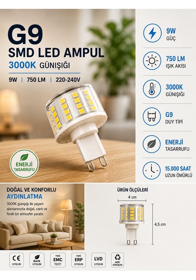 1 Adet 9w 750 Lm 3000k Günışığı G9 Smd Led Ampul