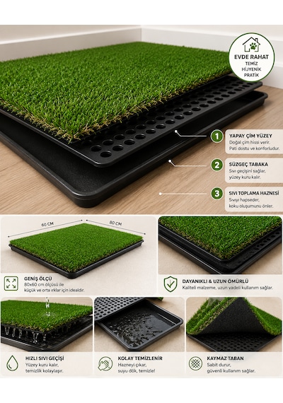 Pro Akıllı Çim Tuvaleti Köpek Kedi İçin 3 Katmanlı Yıkanabilir Hazneli 80x60 Büyük Boy