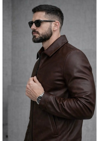 Baselco Trend Basic Deri Ceket Kahverengi Fermuarlı Deri