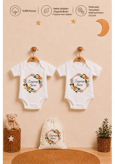 Pia Baby İsimli Kız Bebek Hediye Seti 2 Adet %100 Pamuk Organik Baskılı Çıtçıtlı Body Zıbın Ve Ham Bez Kıyafet Kesesi 1118b2k3x Ekru