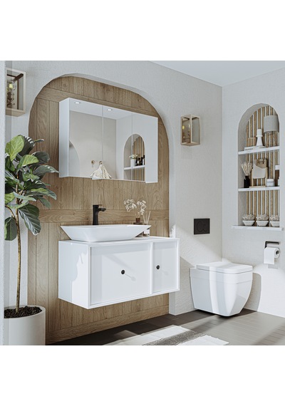 Çanak Lavabolu Mat Mdf 90 Cm Banyo Dolabı + Aynalı Dolap Beyaz Mat Beyaz