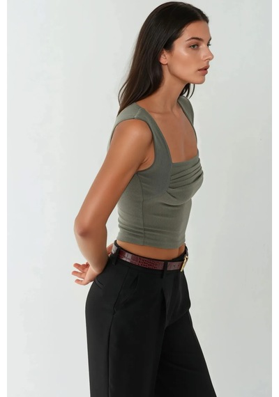 Hiccup Drape Kare Yaka Bluz Haki Yeşil