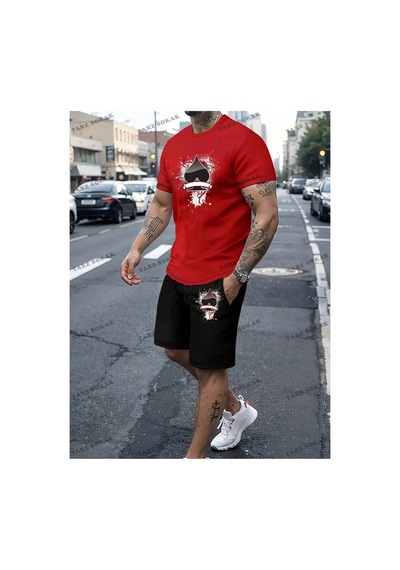 Homme Erkek Örümcek Baskılı T-shirt Ve Şort Takım Siyah