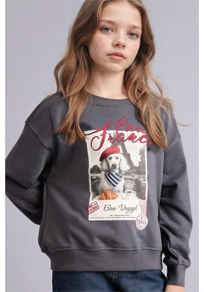 Defacto Relax Fıt Bisiklet Yaka Baskılı Sweatshirt Kız Çocuk E6759a826spar58 Antrasit-ar58