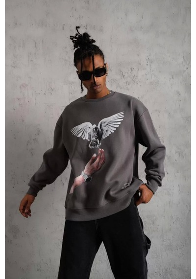 Erkek Güvercin Baskılı Sweatshirt - Gri Gri