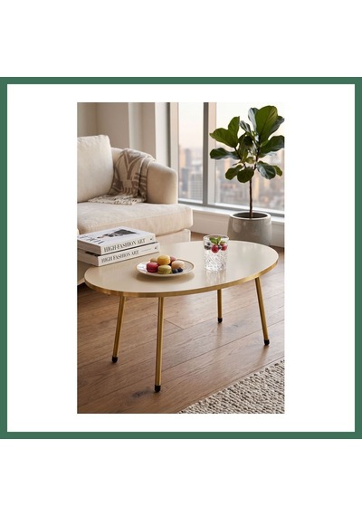 En-cag Gold Metal Oval Orta Sehpa Krem Bss