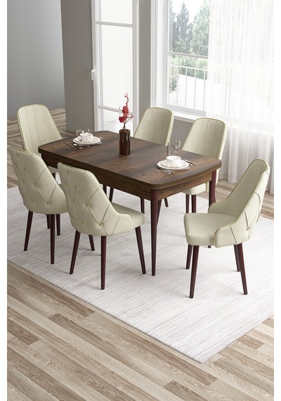 Canisa Tia Serisi 80x132 Açılabilir Mdf Barok Ahşap Desen Gold Detay Mutfak Masası Ve 6 Krem Sandalye Masa Barok Ahşap Desen Sandalye Krem
