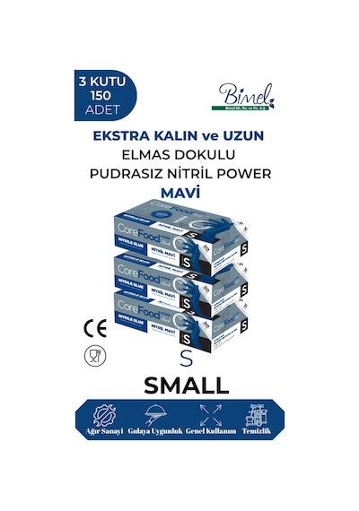 Nitril Mavi Power Pudrasız Muayene Eldiveni S- 3 Paket 50 Li