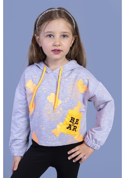 Toontoy Kız Çocuk Cep Detaylı Baskılı Sweatshirt Gri Melanj