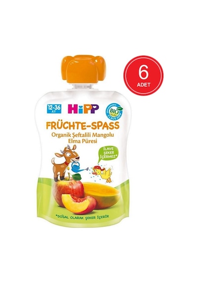 Hipp Organik Şeftalili Mangolu Elmalı 12-36 Ay Meyve Püresi 6 x 90 G