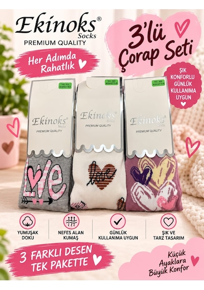 Ekinoks Socks Ekinoks Gökçe Love Kalp Desenli Koton %100 Pamuk 3lü Kilotlu Çocuk Çorabı 1-12 Yaş 3520 Renkli