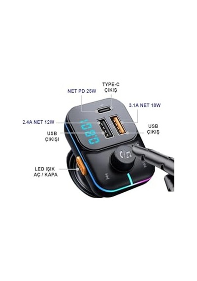 Tr 55w Hızlı Şarj Destekli Çift Usb + Type-c Çıkışlı Bluetooth Fm Modülatör Transmitter Mt9874 İle Uyumlu